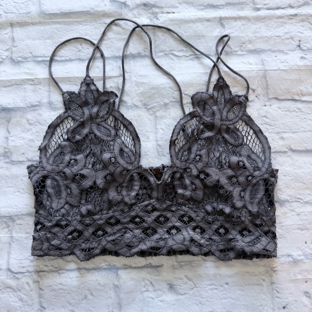 Free People Adella Bralette S | Gray Crochet Lace Plunge